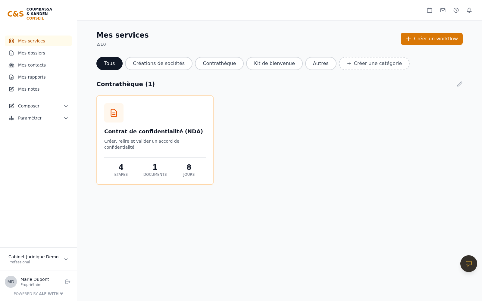 Interface AltDigit de gestion des services juridiques